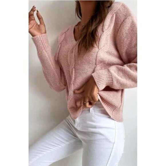 Casual Dusty Pink V-Neck Pullovers Plain - Picture 4 of 4